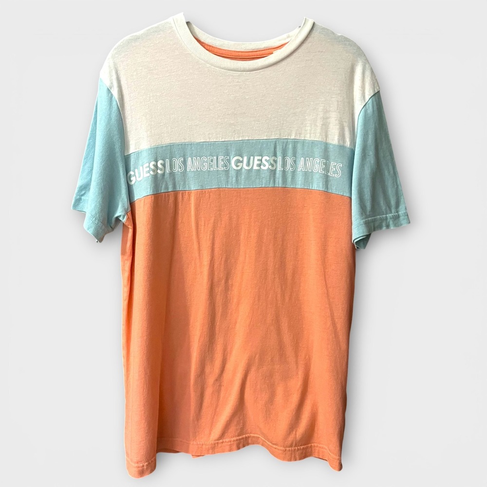 GUESS Men's White, Light Blue, Peach Colorblock Design Short Sleeve T-Shirt